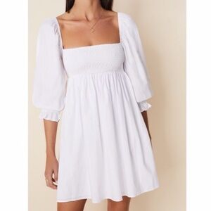 Faithfull the Brand Arles White Smocked Puffed Sleeve Dress